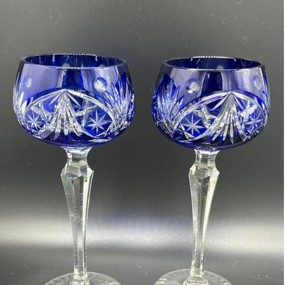 VTG 2 Piece Set of Bohemian Cut to Clear Blue Tall Round Wine Glasses Goblets
